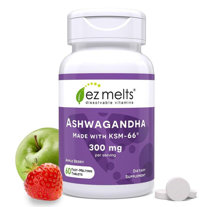 EZ Melts Dissolvable KSM-66 Ashwagandha, 300 mg, Sugar-Free, Stress, Sleep and Mood Support Supplement, 30-Day Supply, Apple Berry-Flavor - 1 Pack 60 Count (Pack of 1)