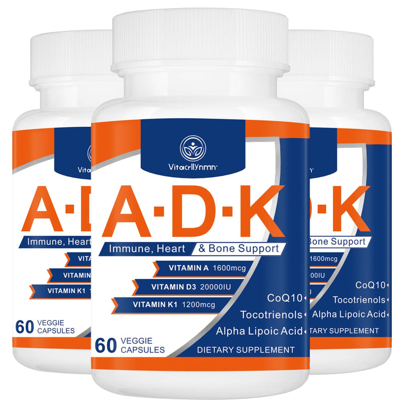 ADK Vitamin Supplement 20000 IU - High Potency Vitamins A, D3 and K1 for Heart, Bone Health and Immune Support Vitamin ADK 180 Capsules