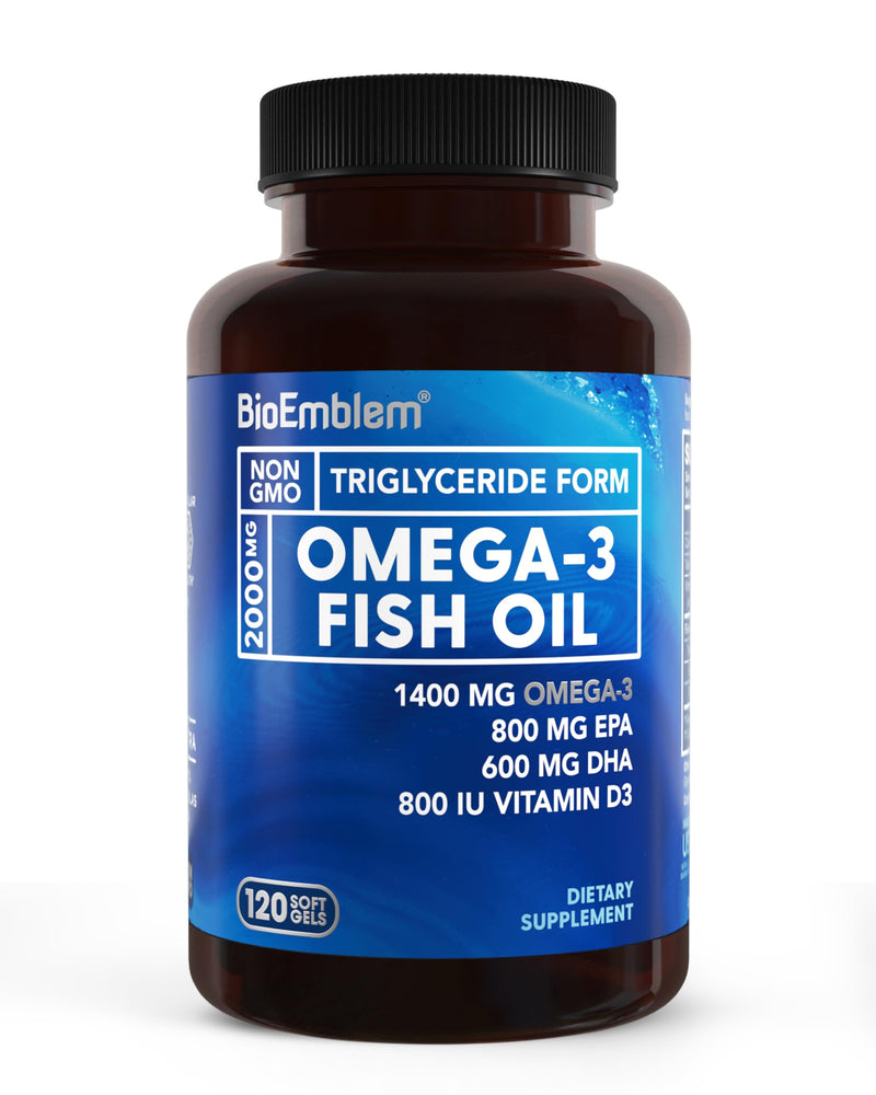 BioEmblem Omega-3 Fish Oil 2000mg Per Serving with Vitamin D3-120 Ct | Small Size Softgels, 1400mg Omega-3, 800mg EPA & 600mg DHA, High Absorption For Heart, Brain - Sustainably Sourced, Non-GMO