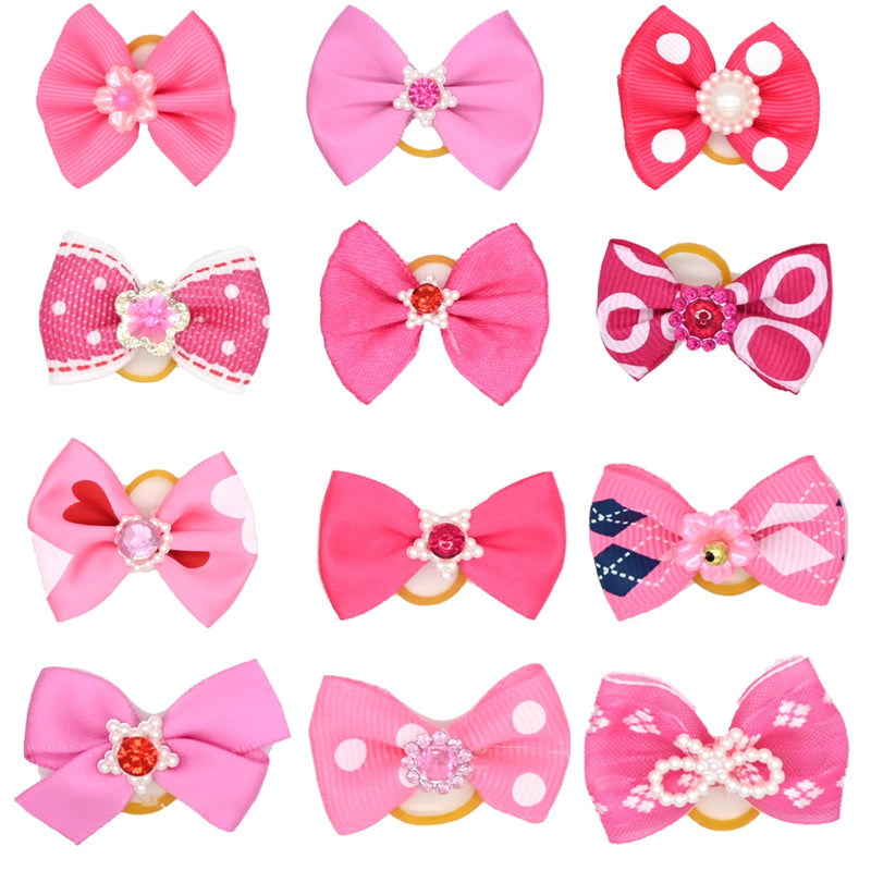 12 Pcs Small Dog Hair Bows with Rubber Bands Bowknot Dog Hair Accessories for Puppy Kitten (Pink) Pink - BeesActive Australia