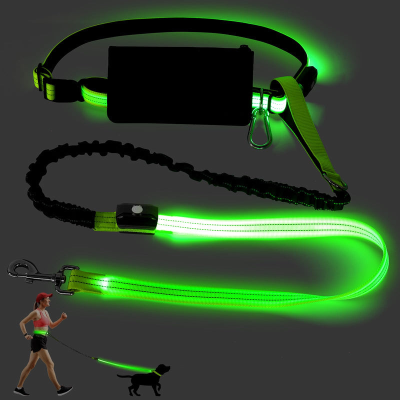 LED Hands Free Dog Leash, Waist Leash for Dog Walking, Retractable Bungee Light Up Dog Leash, LED Handless Dog Running Leash, Reflective Running Leash for Jogging Training Hiking (Green) Green