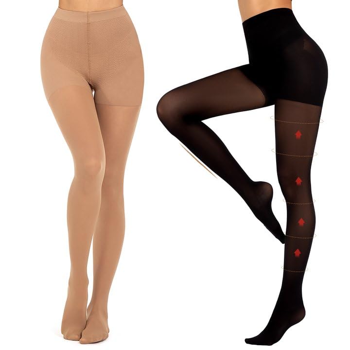 MANZI 2 Pairs Compression Pantyhose for Women Shaping Black Tights 10-15mmHg Support 50D Opaque Stockings Black + Natural X-Large