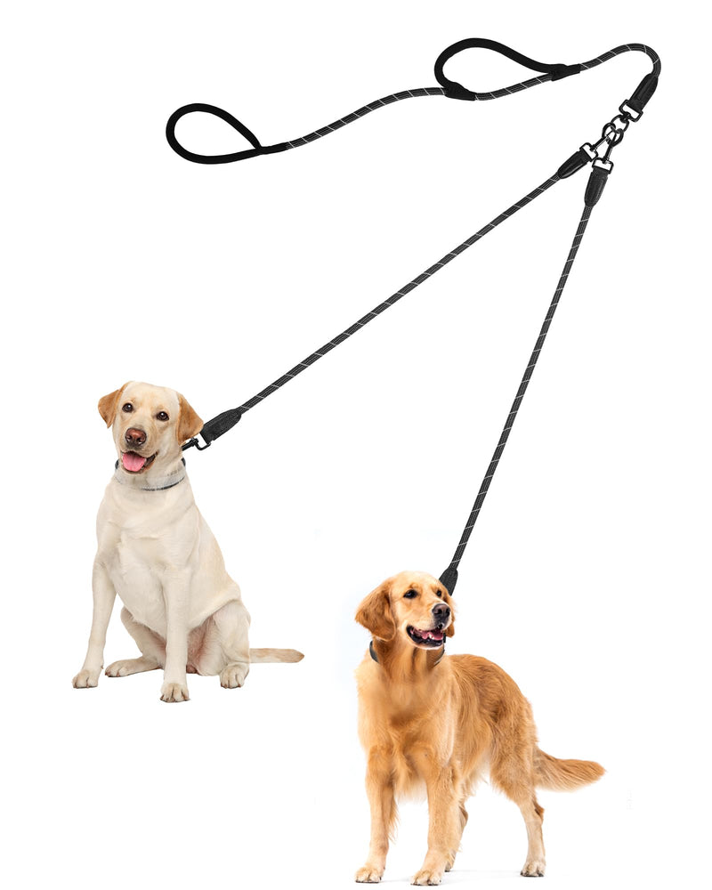 PetBonus Rope Double Dog Leash, No Tangle Dual Dog Leash, Reflective Walking Training Lead with Two Comfortable Padded Handles, 2 Dog Leash Coupler for Medium Large Dogs (1/2” x 6.5FT, Black) 1/2" x 6.5 FT (50~180 lbs.) - BeesActive Australia