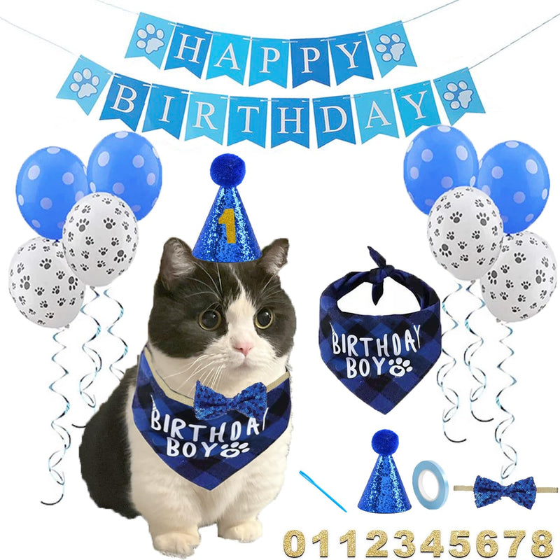 Cat Birthday Party Supplies Cat Kitten Bandanas,Cat Birthday Hat,Cat Birthday Number,Cat Birthday Banner,Cat Bowtie, 8 Letter Balloons,Birthday Outfit for Cat Kitten,cat Birthday Decoration.. - BeesActive Australia