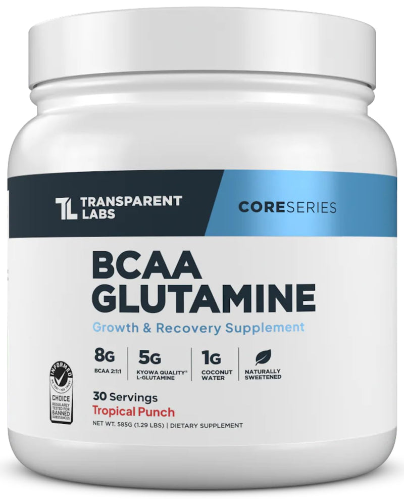 Transparent Labs BCAA Glutamine - 8000 mg of BCAA Powder Per Serving with L Glutamine for Post Workout Recovery, Muscle Growth, & Increased Endurance - 30 Servings, Tropical Punch 1.29 Pound (Pack of 1)
