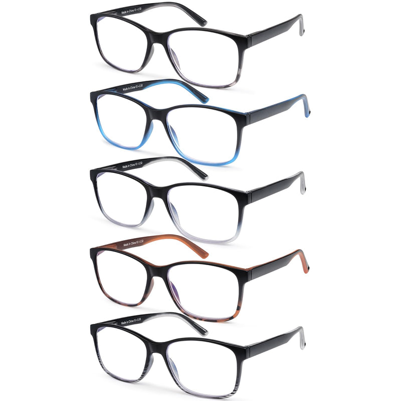 5 Pack Blue Light Blocking Reading Glasses for Men with Spring Hinge Fashion Large Wide Computer Readers for Men 5 Pack Mix Color 2.0 x