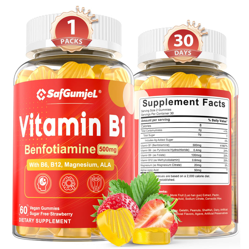 Vitamin B1 Benfotiamine Gummies 500mg – B1 B6 B12 Vitamins & Magnesium | Energy Metabolism, Healthy Nervous System | Chewable B Complex for Adults & Kids | Vegan, Sugar Free, 60 Ct 60 Count (Pack of 1)