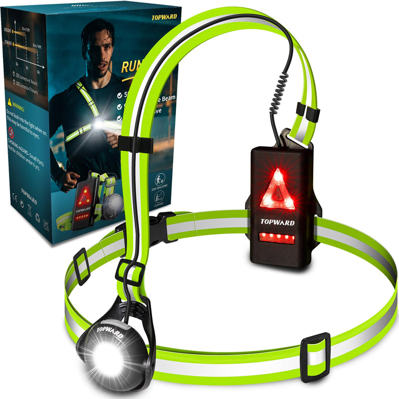 Running Lights for Runners USB-C Rechargeable, Chest Headlamp with 500 Lumen Adjustable Beam, Safety Light for Walking Dog at Night Green