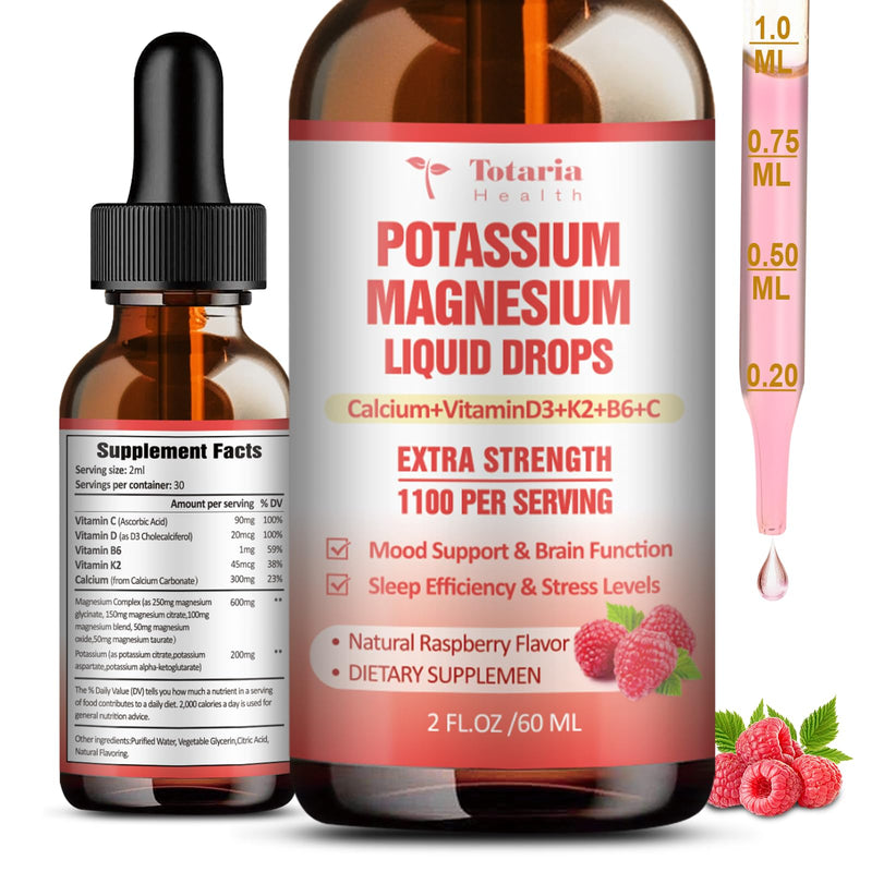 Potassium Magnesium Supplement Liquid Drops - High Absorption Potassium Supplement with Magnesium, Calcium, Vitamin D3 K2, Vegan, Non-GMO Potasio Support Leg Cramps, Bone, Muscle - 2 Fl oz 2 Fl Oz (Pack of 1)