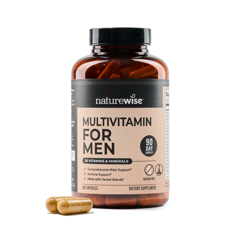 NatureWise Multivitamin for Men - Daily Male Support - Minerals & Herbs for Energy, Performance, Immunity - with Vitamin A, C, D, B-Complex - Soy & Gluten-Free, Non-GMO - 180 Capsules[3-Month Supply] Unflavored 180 Count (Pack of 1)