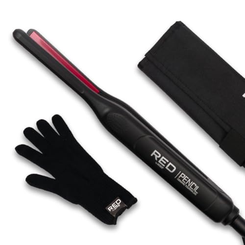 Red by Kiss Pencil Flat Iron, 0.3 Inch Tourmaline Ceramic Mini Hair Straightener, Up to 450°F for Short to Medium Hair, Pixie Cuts, Bangs & Edges, Includes Travel Pouch & Heat-Resistant Glove