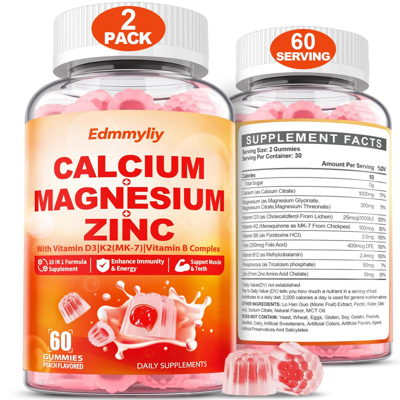 Calcium Magnesium Zinc Supplement Gummies with Vitamin D3 K2 & B Complex for Women Men 1000mg Calcium Citrate with Magnesium Gummies for Bone, Muscles & Immune Support, Sugar Free, Vegan Peach 60 Count (Pack of 2)