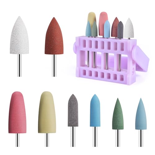 8Pcs Silicone Rubber Nail Drill Bit with 16 Holes Bits Holder Set 3/32'' Nail Art Silicone Polishing Drill Bits for Manicure Pedicure, Gel Grinding and Polishing Tools Purple Set