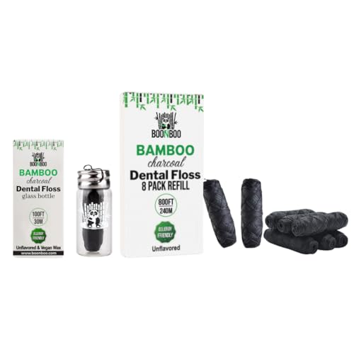 BOONBOO Dental Floss with 8pcs Refill, Bamboo Charcoal Woven Thread, Unflavored