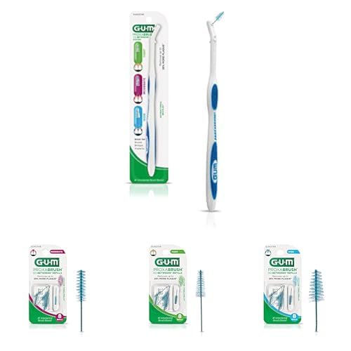 Bundle of GUM Proxabrush Permanent Handle + GUM Proxabrush Go-Betweens Refills - Moderate, 8 Count (Pack of 1) Tight, 8 Count (Pack of 1), Wide, 8 Count (Pack of 1)