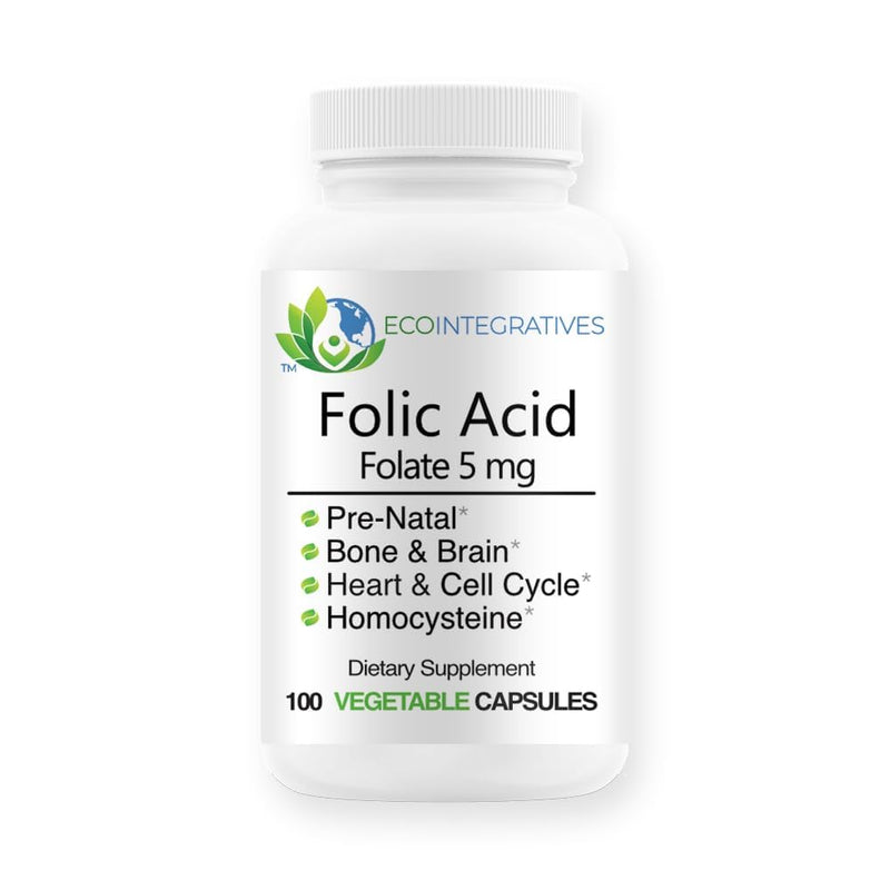 Folic Acid Folate 5mg Supplement - 100 Vegetable Capsules | Prenatal, Reproductive Health*, Homocysteine, Metabolism, Cardiovascular, Cognitive and Bone Health*, Allergen Free, Non GMO