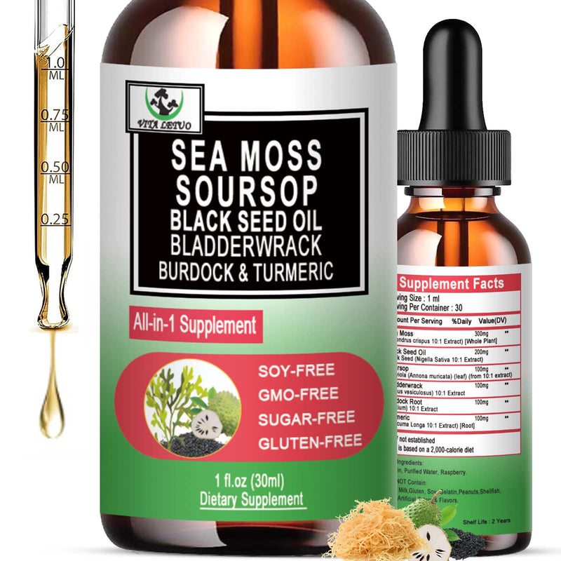 Sea Moss Black Seed Oil Soursop Liquid Drops with Bladderwrack Burdock Root Turmeric - Multimineral & Vitamins Superfood Drops Organic Non-GMO for Immune & Digestive & Cell Support Skin Hair