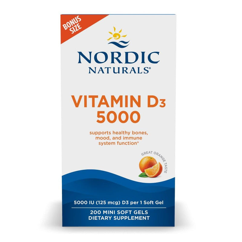 Nordic Naturals Vitamin D3 5000 IU, Non-GMO, Orange - 200 Mini Softgels | High-potency vitamin D3 for bone health, mood support & immune function. One mini softgel daily. Non-GMO. 200 servings 1 Count (Pack of 200)
