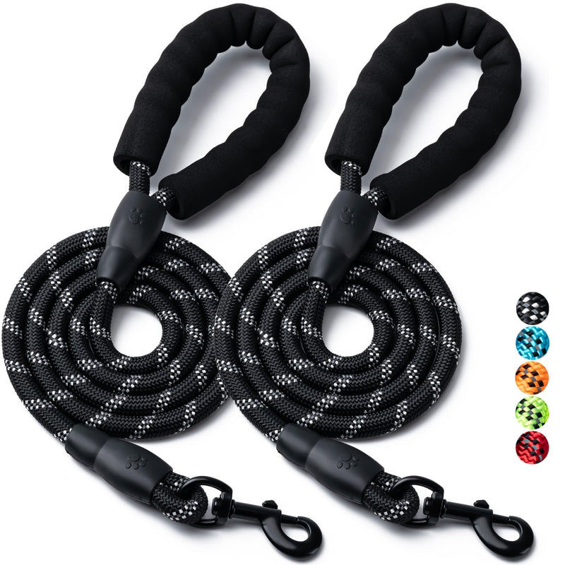 2 Pack Dog Leash, 4/5//6 FT Heavy Duty Nylon Rope Pet Leashes with Comfortable Padded Handle, Reflective Dog Leashes for Small Medium and Large Dogs (5FT-1/2,Black/Black) 1/2"x 5 FT (18~120 lbs.) 2PCS-Black+Black - BeesActive Australia