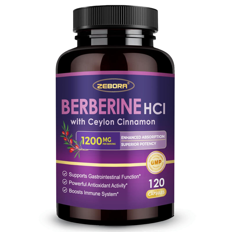 ZEBORA Premium Berberine HCL 1200 mg, Berberine Supplement with Ceylon Cinnamon, ALA & Capric Acid, Supports Immune, Gastrointestinal & Antioxidant, Non-GMO, 120 Capsules 120 Count (Pack of 1)