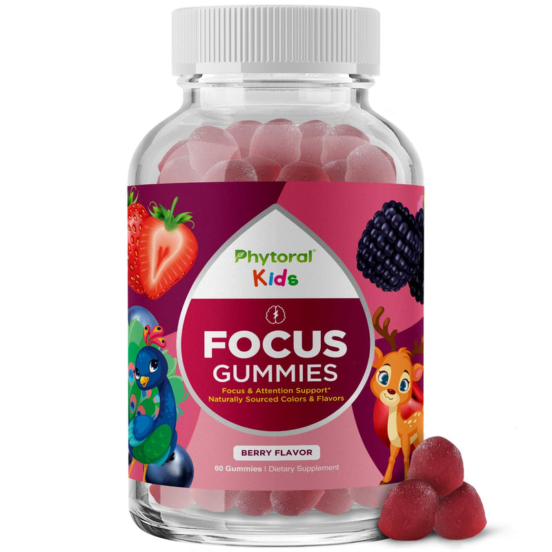 Phytoral Vegan Kids Focus Gummies - Potent Chewable Brain Support for Children - Enhances Concentration & Memory - Calming Supplements & Focus Gummies for Kids - Non-GMO & Gluten-Free - 60 Count 60 Count (Pack of 1)