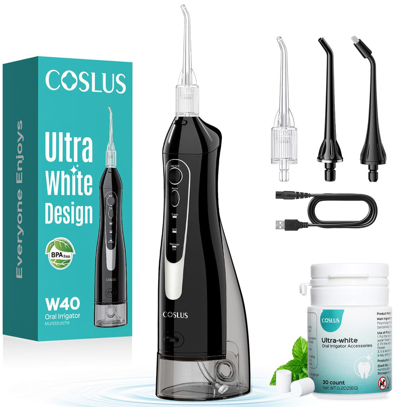 COSLUS Water Flosser Pick W40(F5020E) with Whitening Mint Flavor Refill Combo for Teeth, Braces, Gums Care - Easy to Use, Portable for Coffee Lovers & Travel, Rechargeable, BPA-Free, Black