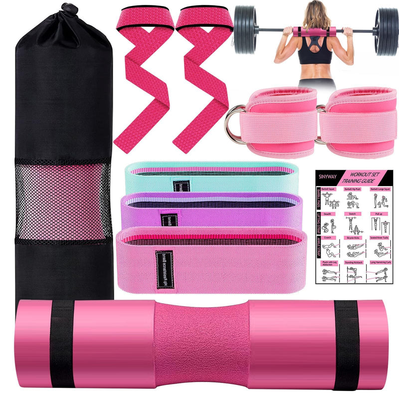 Barbell Pad Set for Squat,10 PCS Hip Thrusts Workout Foam Weight Lifting Bar Cushion with 2 Gym Ankle Straps,3 Hip Resistance Bands,2 Lifting Strap,Barbell Pad and Carry Bag Pink 9 PCS - BeesActive Australia