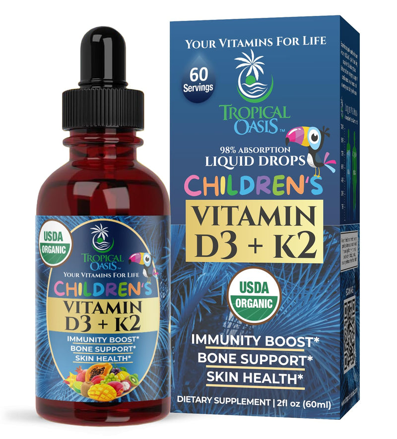 Tropical Oasis USDA Organic Vitamin D3 K2 Liquid Drops | Vitamin D3 K2 Supplement for Kids & Toddlers Ages 1+ | Kids Supplement for Calcium Absorption Strong Bones | Vegan, Non-GMO | 2 Fl Oz Kids Vitamin D3+K2