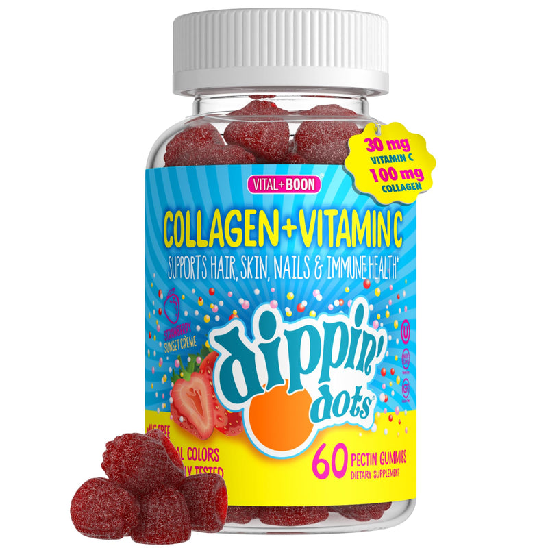Dippin' Dots Collagen Supplements for Women, Vitamin C Gummies (60 Ct) | Strawberry Sunset Creme collagen gummies with Vitamin C support hair, skin, nails & immune health; no artificial colors. 60 Count (Pack of 1)