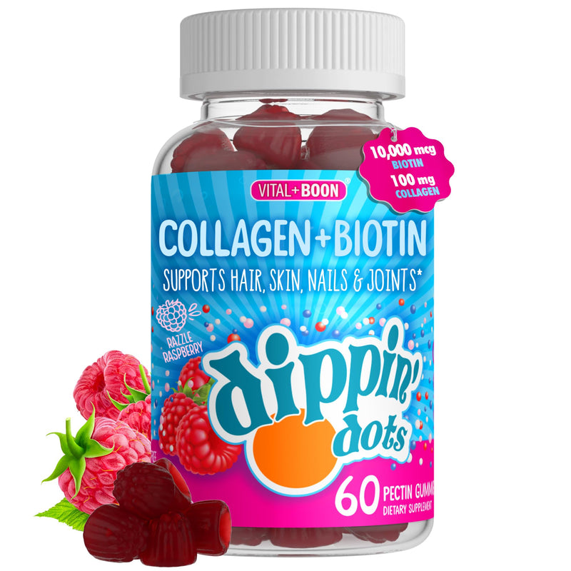 Dippin' Dots Hair Skin and Nails Vitamins, Biotin Collagen (60ct) | 10,000mcg biotin gummies, hair growth supplements, hair vitamins for women; vegan, non-GMO gluten free. 60 Count (Pack of 1)