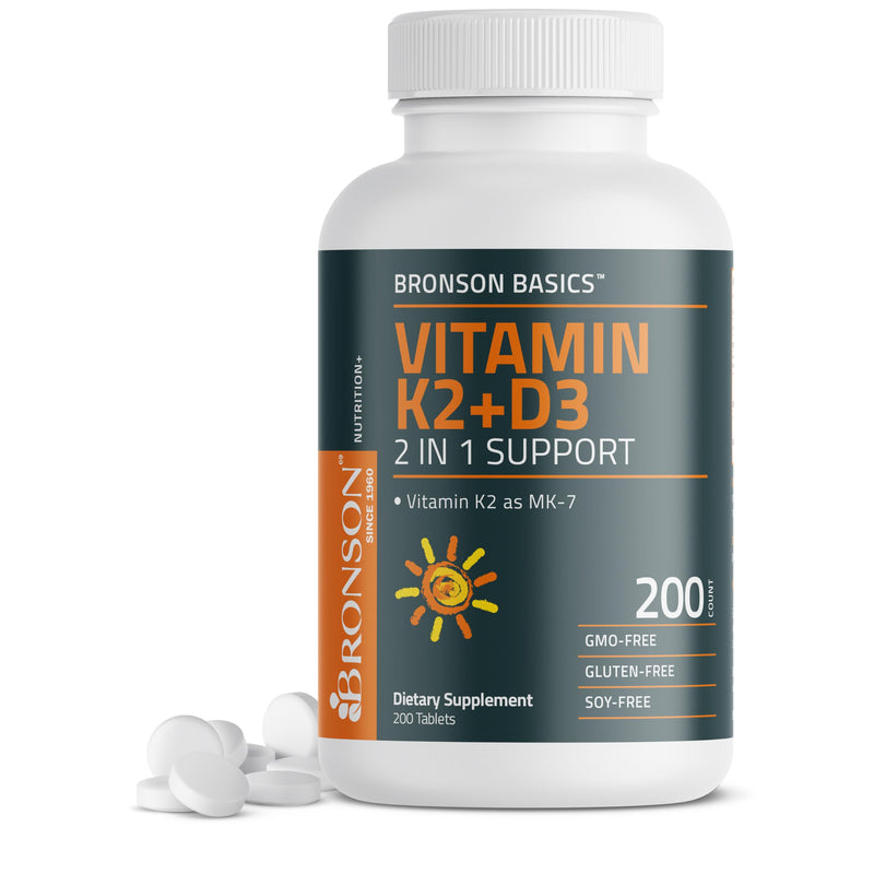 Bronson Vitamin K2 D3 (MK7) Supplement 2-in-1 D3 & K2 Complex, 200 Tablets | Bone, Immune & Heart Health Support, Gluten-Free, Soy-Free, Non-GMO, Vitamin D3 5000 IU (125 mcg) & 90 mcg K2 MK-7 200 Count (Pack of 1)
