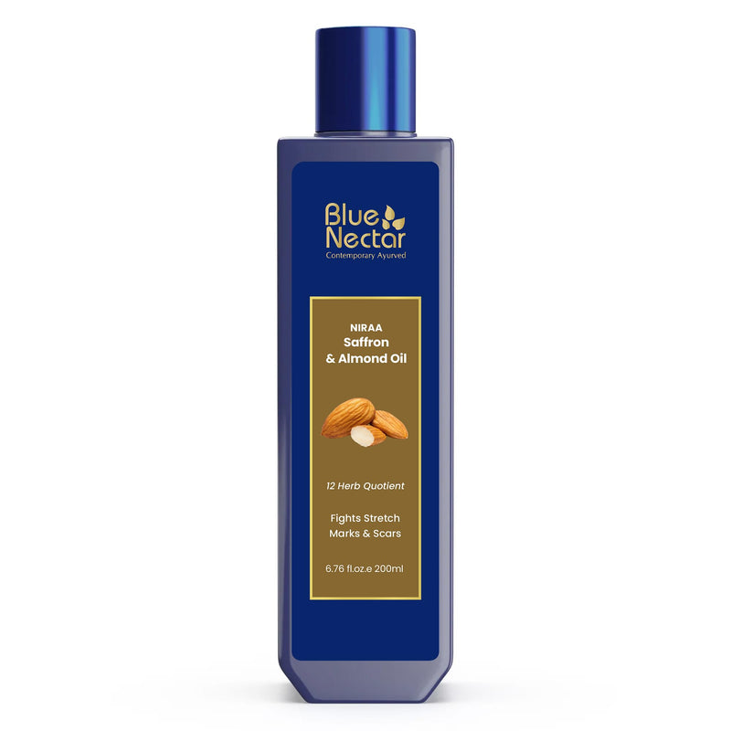 Blue Nectar Saffron & Almond Oil, Ayurveda Product for Crepey Skin | Skin Firming Body Oil for Stretch Marks (12 Herbs, 6.76 Fl Oz) 6.76 Fl Oz (Pack of 1)