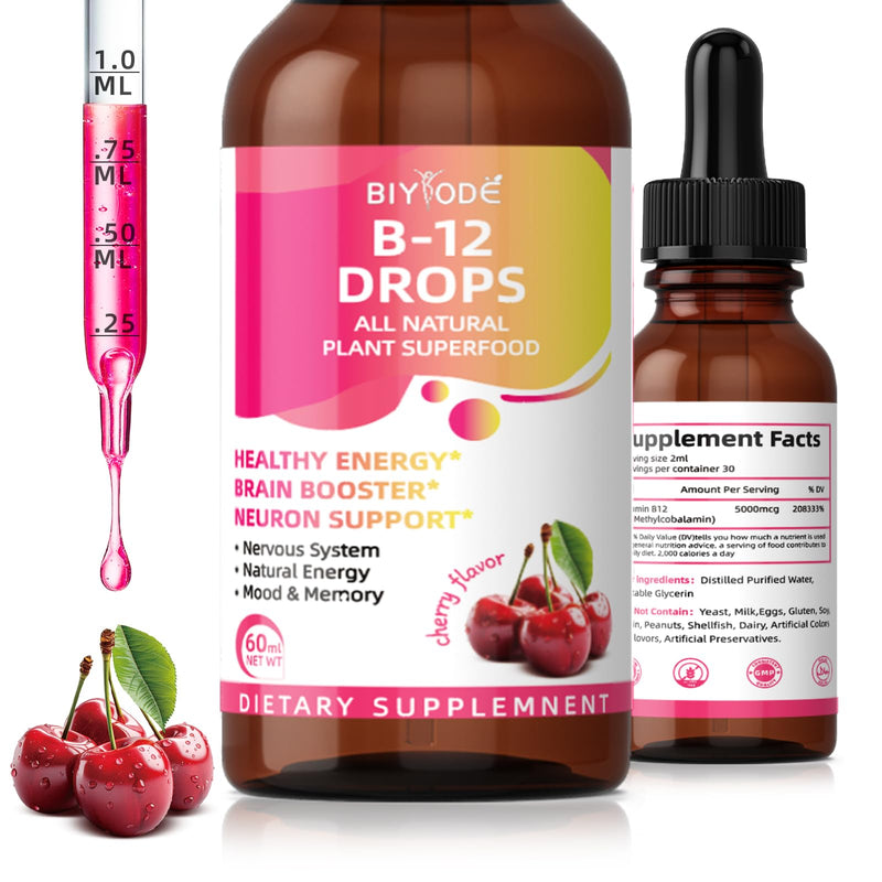 Vitamin B12 5000 mcg Liquid Drops All Natural Plant Superfood Healthy Energy Brain Booster Neuron Support Nervous System Natural Energy Mood Memory 60ml Net Wt Cherry Flavor