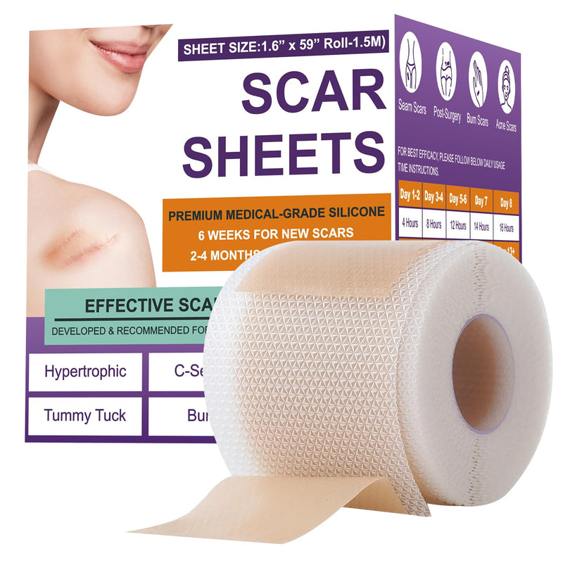 Silicone Scar Sheets,Silicone Scar Tape,Silicone Scar Removal Strips for Surgical,C-Section,Tummy Tuck,Keloid Scars (1.6"X 59" Roll-1.5M) Keloid Bump Removal 1.5M - BeesActive Australia
