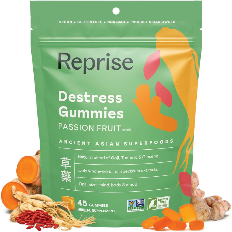 De-Stress Gummies with American Ginseng, Turmeric, and Goji - Assist with Stress Relief & Mood Boost, All-Natural Relaxation, Low-Sugar, 45 Vegan Gummies, Passion Fruit (Pack of 1) Herbal DeStress Blend 45 Count (Pack of 1)