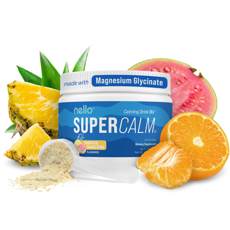 Nello Supercalm Powdered Drink Mix Tub, Cortisol Reducer* and Sleep Aid Supplement, L Theanine, Ksm-66 Ashwagandha, Magnesium Glycinate, Vitamin D 3, No Sugar, Non GMO, 30 Ct, Tropical Tangerine 30 Servings (Pack of 1)
