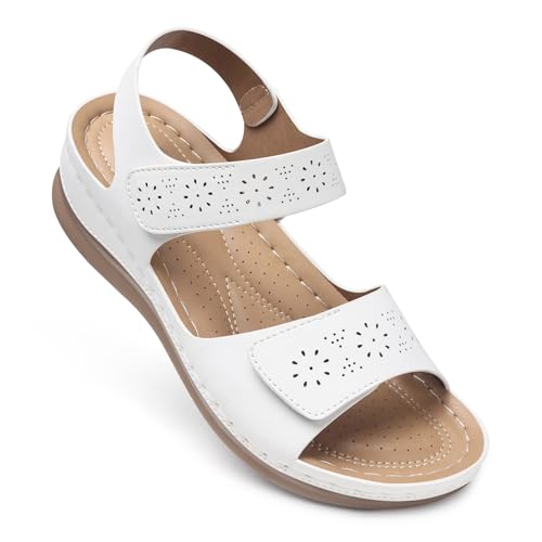 SHIBEVER Women Flat Sandals Comfortable: Arch Support Sandals Dressy 10 White
