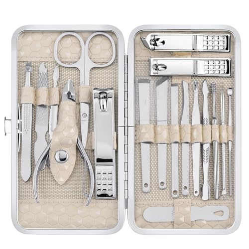 Yougai Nail Clippers set for Men and Womens Gift Manicure Set 18 Pieces Stainless Steel Manicure Kit,Nail Care Tools with Luxurious Travel Case Beige
