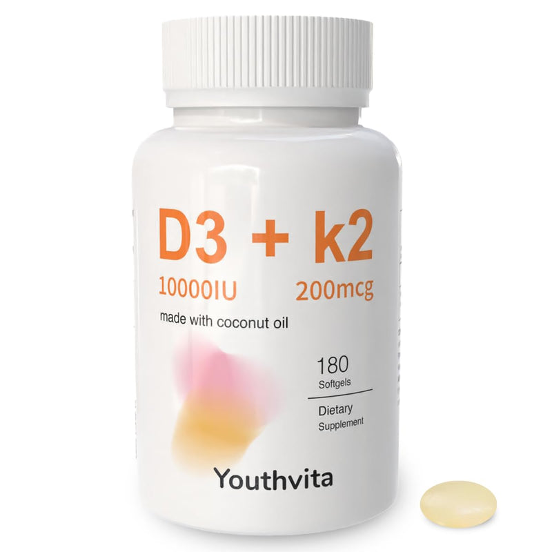d3 k2 Vitamin 10000 iu, 180 Coconut Oil Softgels | 2 in 1 Vitamins Supplement D3 10000 IU & K2 (MK7) 200 mcg, Easy to Swallow, Supports Calcium Absorption, Bone Immune, & Heart Health 180softgels