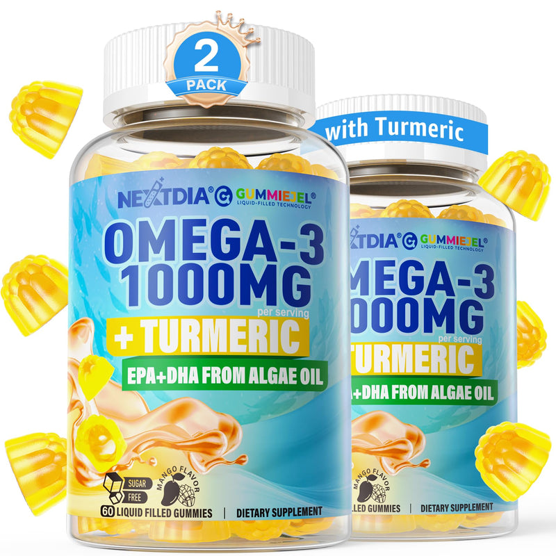 Omega-3 Gummies 1000mg + Turmeric, Fish Oil Alternative No Fish Taste 120Ct | Burpless Algae DHA 600mg + EPA 300mg(3:1), Vegan Sugar Free Omega 3 Fatty Acids for Women Men Adults, Vitamins A C E Zinc MSM 60 Count (Pack of 2)