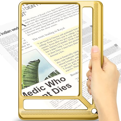 AKKYCVS 5X Full Page Magnifying Glass for Reading, Lightweight Rectangular Magnifier Provides Large Book Page Viewing Area, Handheld Magnifier for Reading Small Prints for Seniors, Low Vision-Gold Gold