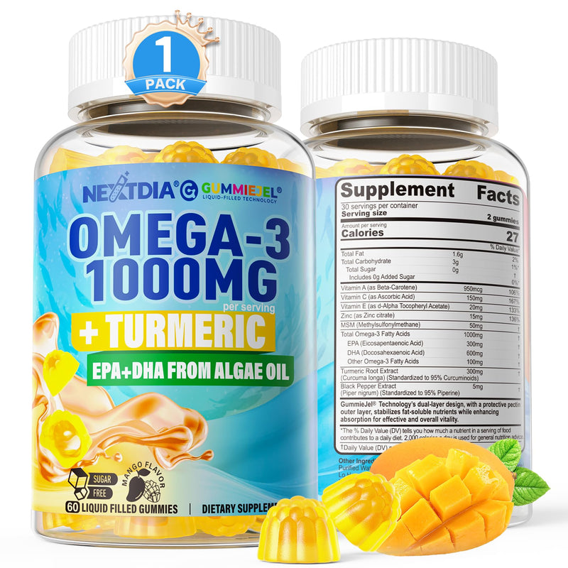 Vegan Omega-3 Gummies 1000mg + Turmeric - Omega 3 Fish Oil Alternative for Adults - Algae DHA 600mg & EPA 300mg, Vitamins A, C, E, Zinc & MSM, Sugar Free, 60 Cts 60 Count (Pack of 1) - BeesActive Australia