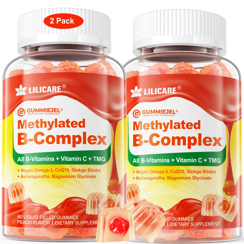 Super Vitamin B Complex Filled Gummies for Women Men, Methylated w/Omega 3 | Magnesium, CoQ10, Ashwagandha, Vitamin C, TMG -All B - B1, B2, B3, B5, B6,B7,B9,Methyl B12, Inositol, PABA, Sugar Free, 2Pack 60 Count (Pack of 2)