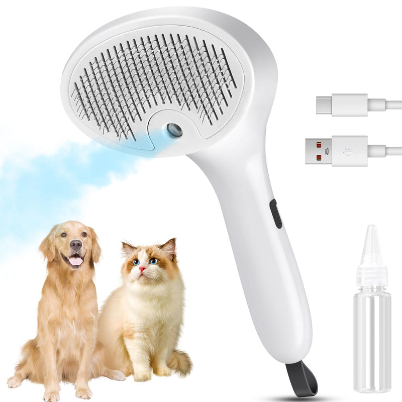 Cat Steam Brush, 3 in 1 Cat Brush for Shedding & Grooming Rechargeable, Water Brush for Cats & Dogs, Small Animal Hair Removal Comb Tool, Pet Self Cleaning Slicker Brush with Release Button White - BeesActive Australia