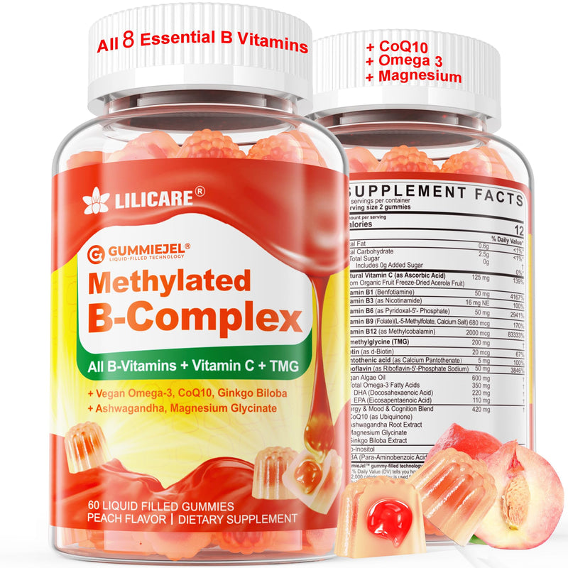 Super Methylated Vitamin B Complex Gummies, All B Vitamins + Omega-3,CoQ10 | Magnesium, Ashwagandha, Vitamin C, TMG- For Women Men- Methyl B12 2000 mcg, Methylfolate, B1, B2, B3, B5, B6, B7- Sugar Free 60 Count (Pack of 1)
