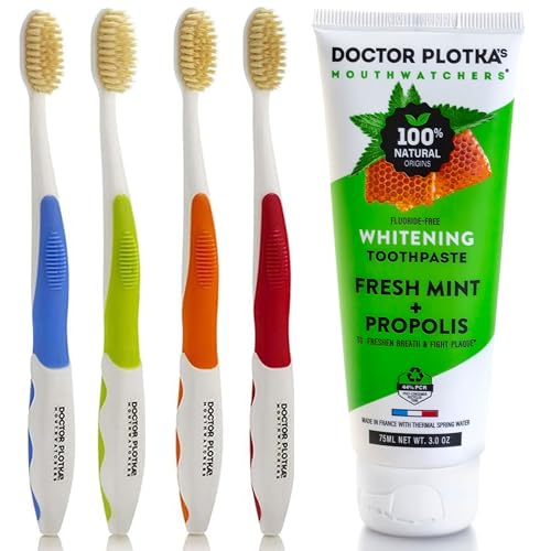 MOUTHWATCHERS Dr Plotkas Soft Flossing Toothbrushes and Whitening Toothpaste by Mouth, Fluoride Free Toothpaste, 4 Adult Manual Soft Toothbrushes, 1 Naturally Sourced Toothpaste Tube