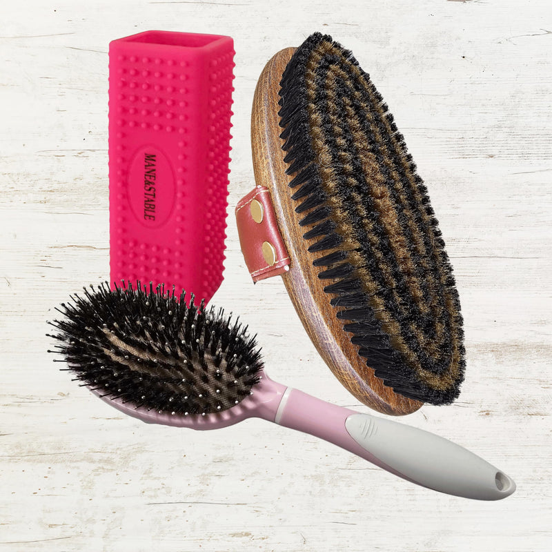 Horse Grooming Brush Set 3pcs; Copper Bristle Body Brush, Mane & Tail Brush, Curry Comb - BeesActive Australia