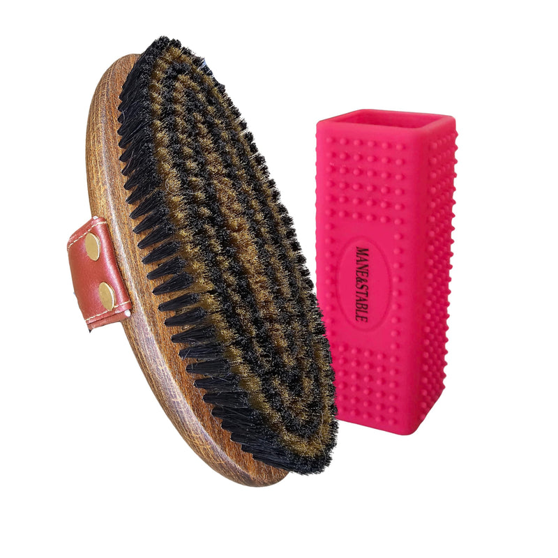 Horse Grooming Brush Set 2pcs; Multi Tasker Curry Comb & Copper Bristle Body Brush - BeesActive Australia