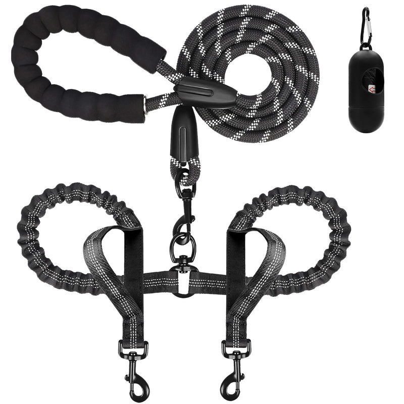 Dog Leash, Double Dog Leash for Two Dogs, Heavy Duty Adjustable Dual Dog Leash No Tangle, Bungee Retractable Split Multiple Leash for Walking 2 Dogs, Dog Poop Bags Trip Essentials (5.5FT-1/2”, Black) - BeesActive Australia