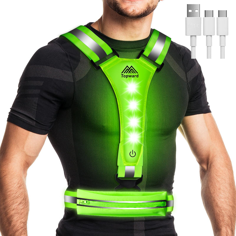 LED Reflective Vest Running Gear, USB-C Rechargeable, Light Up Lights for Night Dog Walking Cycling, Running Phone Holder Vest for Runners, High Visibility with Adjustable Waist/Shoulder green - BeesActive Australia
